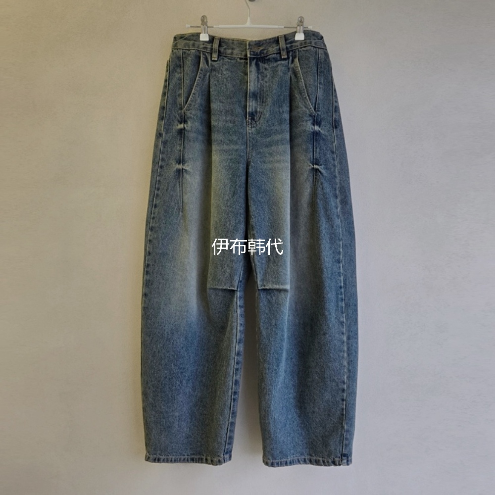 LA BLOOM韩国东大门正品代购25秋款 磨白做旧褶皱裤腰纽扣牛仔裤