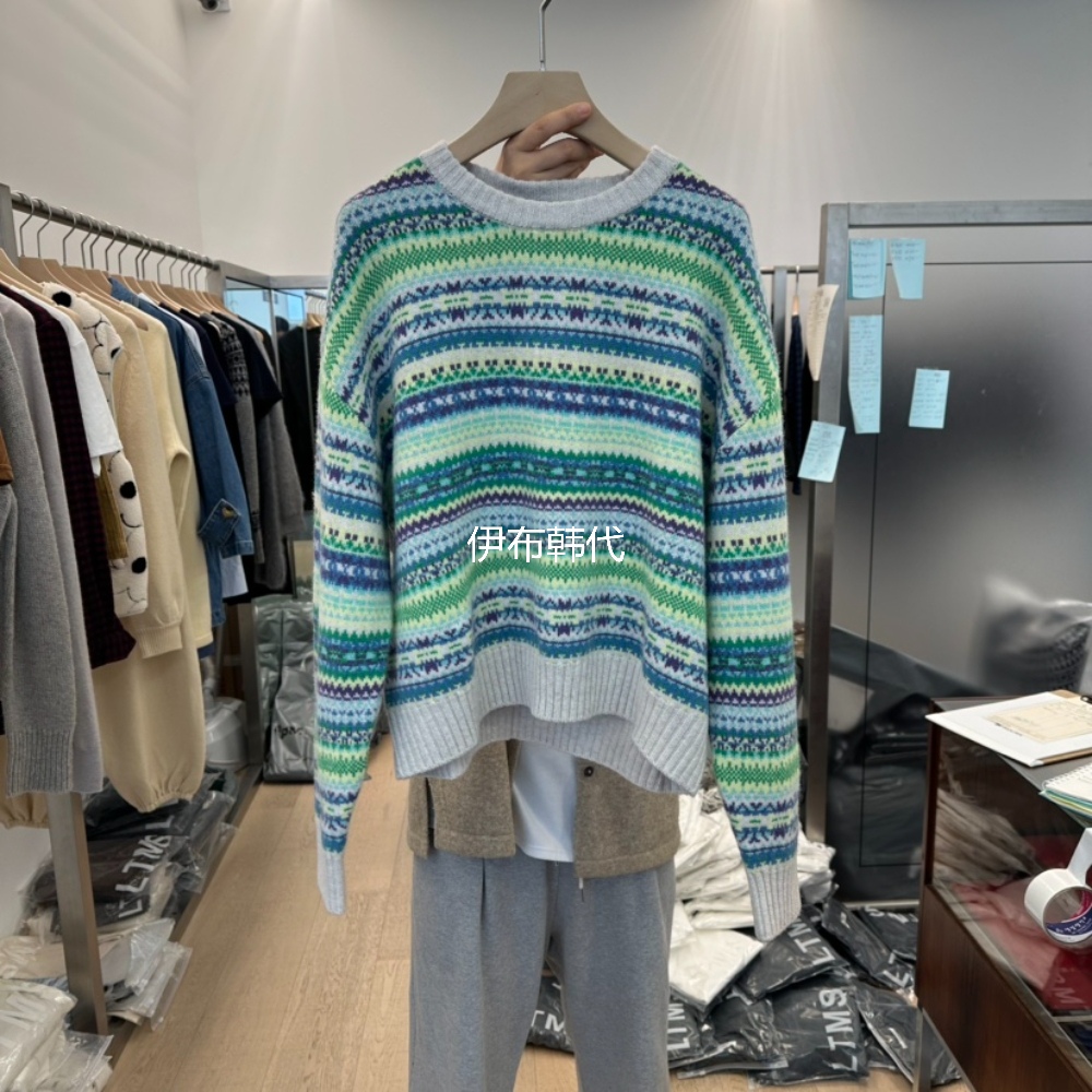圆领彩色条纹复古羊毛针织衫毛衣