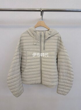 连帽纯色拉链横纹排骨薄款羽绒服
