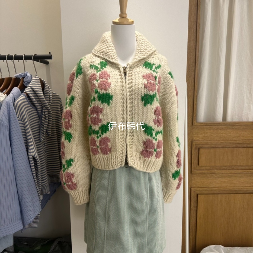 SIERRA韩国东大门正品代购25冬款 翻领休闲花朵羊毛针织开衫外套