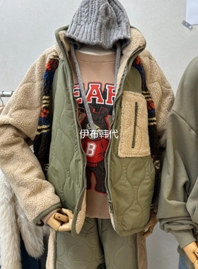 ASCEND韩国东大门正品代购25冬款 仿羊羔毛绒拼接波浪棉衣外套