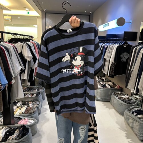 圆领休闲条纹卡通老鼠短袖T恤