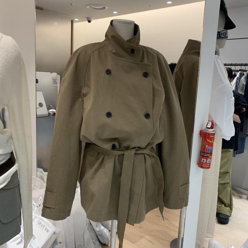 立领纯色双排扣腰带风衣外套