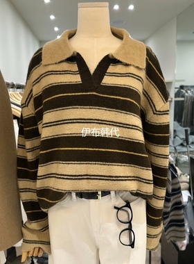 NOTTINGHAM韩国东大门正品代购25秋 翻领休闲开口条纹套头针织衫