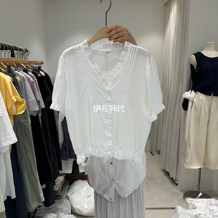 IRVINE韩国东大门正品代购26夏款 V领木耳边休闲纯色棉布短袖衬衫