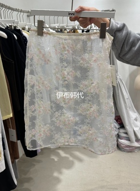 INNI韩国东大门正品代购26夏款 透明纱网花朵蕾丝半裙屁帘短裙