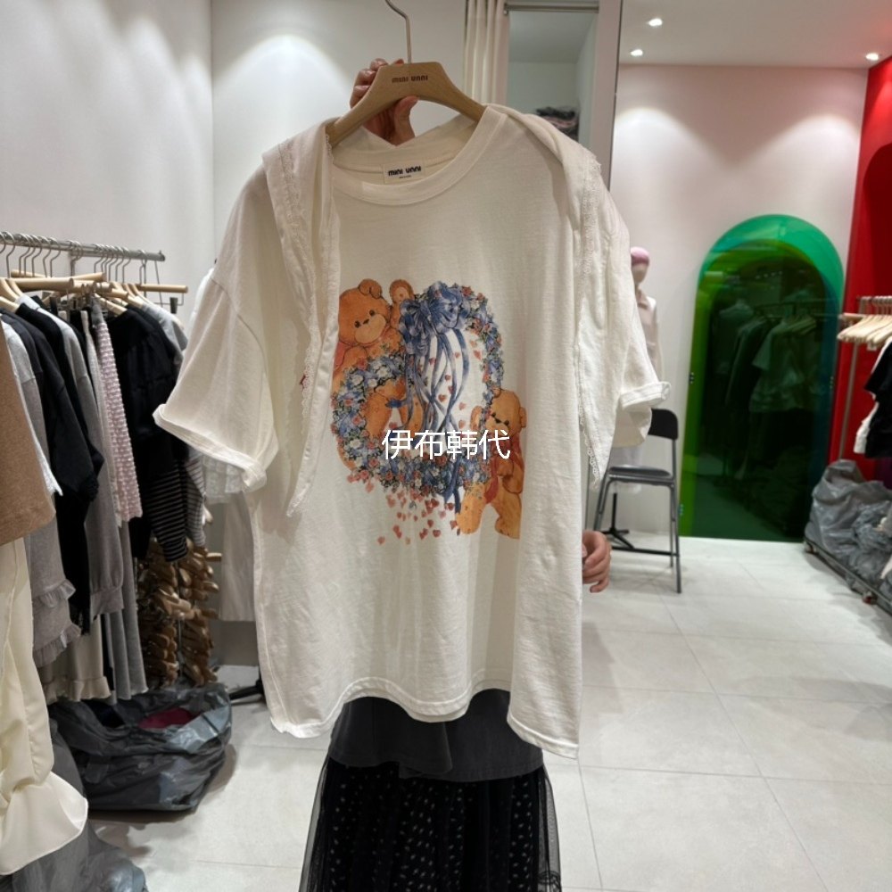 MINI UNNI韩国东大门正品代购26春 圆领三角巾假两件披肩小熊T恤,女装/女士精品,T恤,淘宝优惠券,粉丝福利购,淘宝优惠卷
