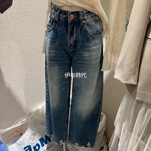 SSEMIENNE韩国东大门正品代购26春款 磨白做旧裤脚拉丝破洞牛仔裤