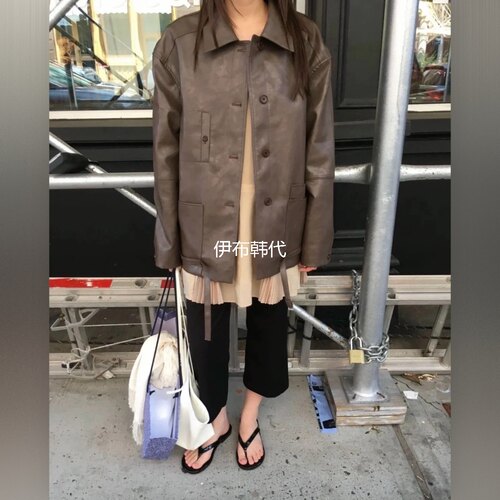 翻领休闲绑带多口袋PU皮衣外套