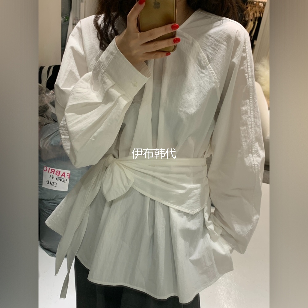 纯色休闲宽松绑带两件套衬衫