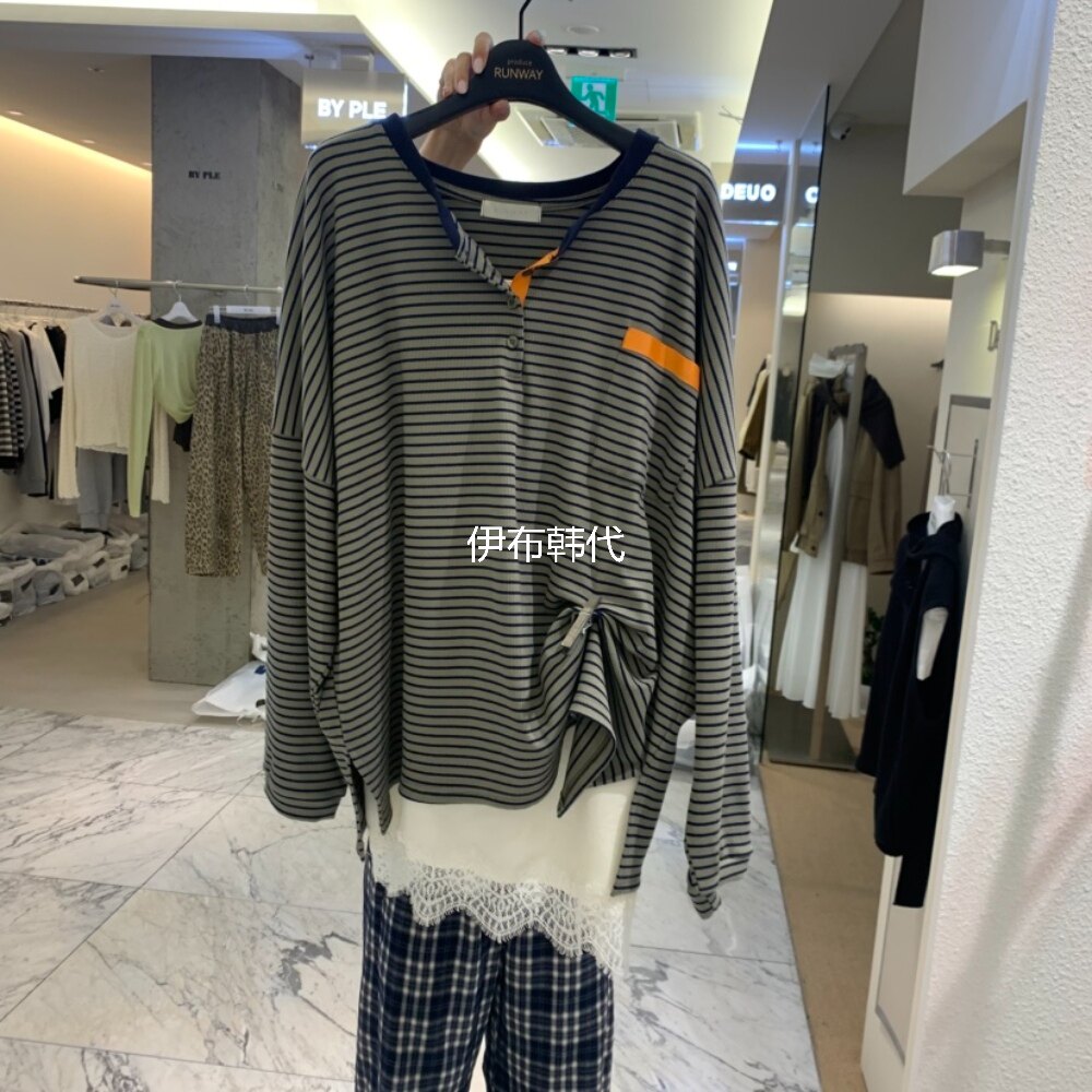 RUNWAY韩国东大门正品代购26秋款 圆领休闲条纹口袋宽松长袖T恤女