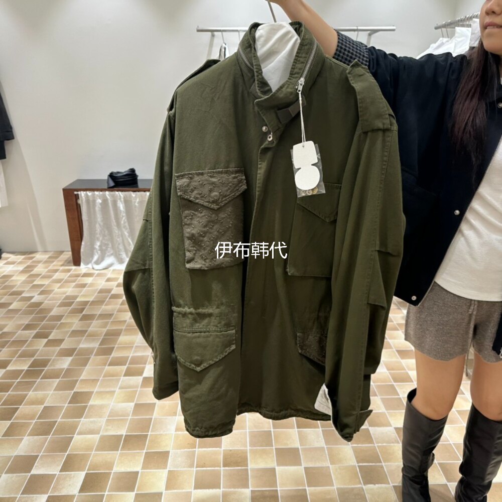 MYNAMEIS韩国东大门代购26秋款 立领多口袋花朵拼接工装风衣外套