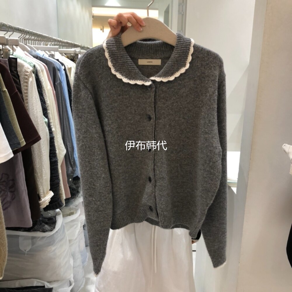 翻领飞边领纽扣针织开衫外套女