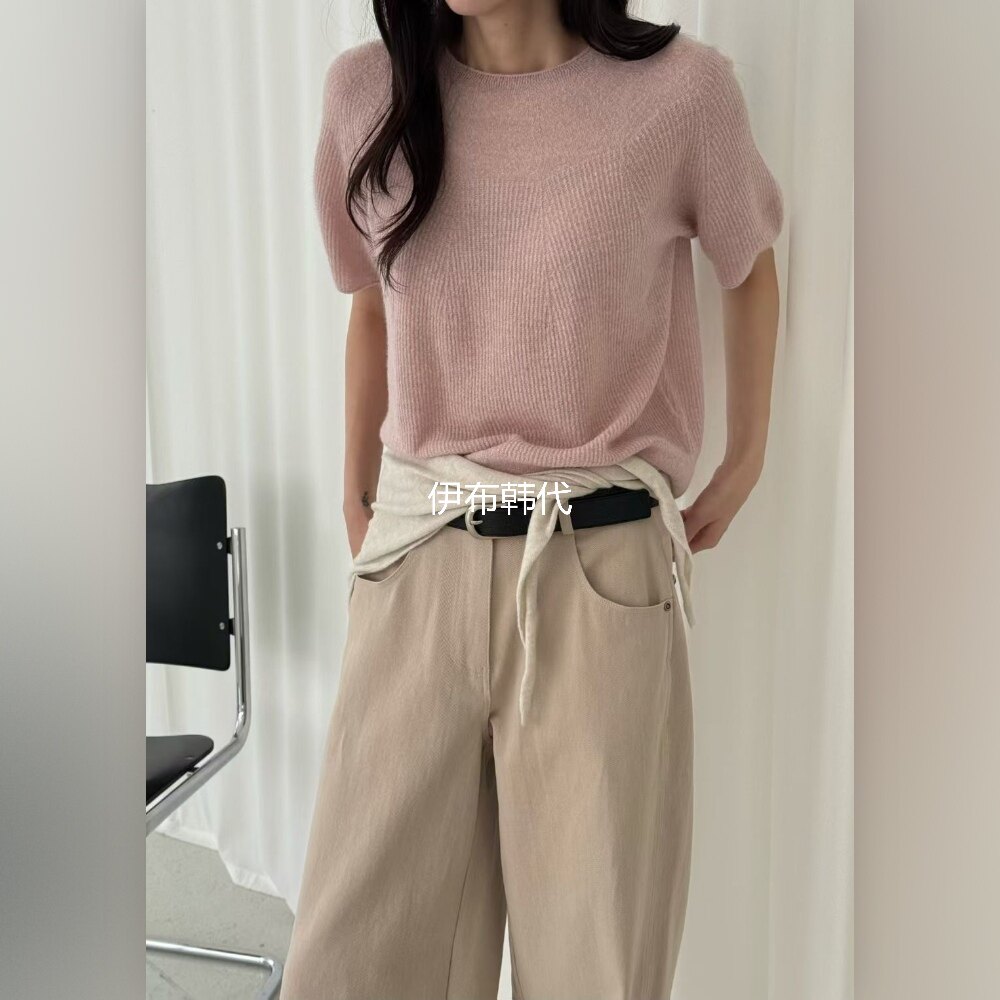 圆领薄款纯色休闲短袖针织衫