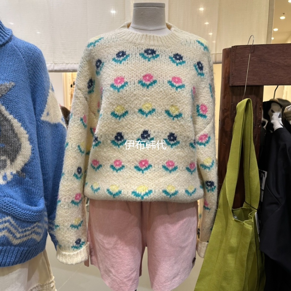 彩色花朵休闲磨毛套头针织衫毛衣