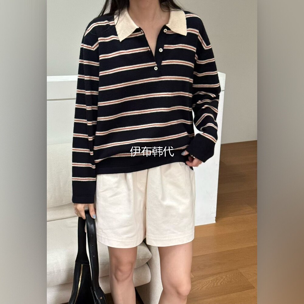 翻领纽扣薄款针织条纹上衣女
