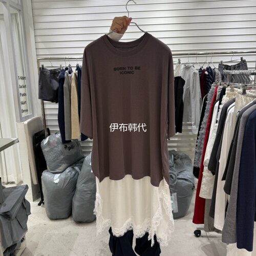 字母T恤开叉蕾丝裙摆长T连衣裙