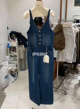 TEMPTING韩国东大门正品代购26夏款 多纽扣磨白休闲背带裤牛仔裤