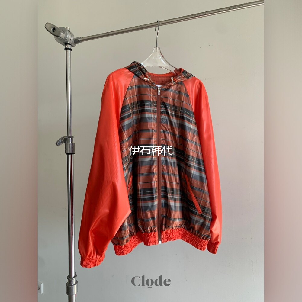 CLODE韩国东大门正品代购26春款 连帽拉链插肩格子滑料薄款外套