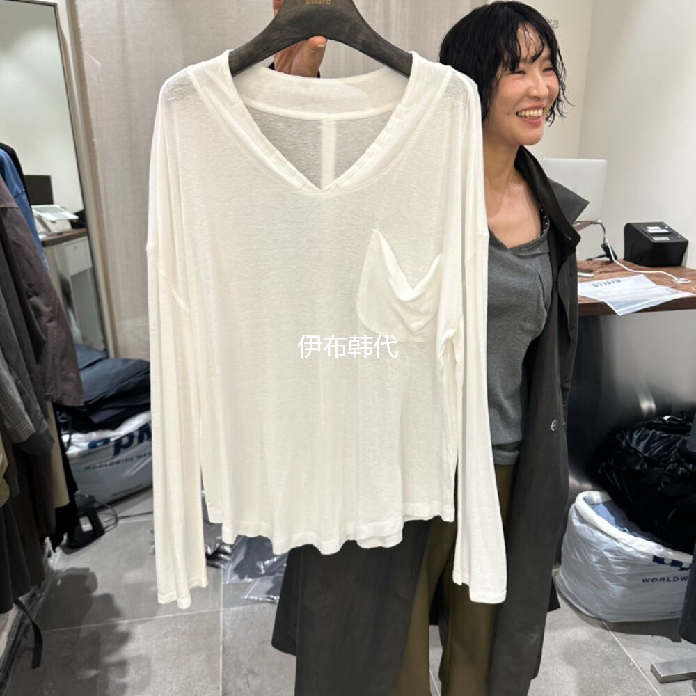 DIARRA韩国东大门正品代购26秋款 V领纯色口袋薄款宽松长袖T恤女