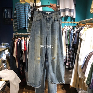 MERCI LINDA韩国东大门正品代购26春款 磨白做旧破洞直筒裤牛仔裤