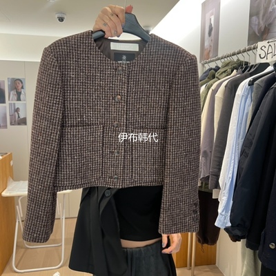 圆领格子短款毛呢气质短外套