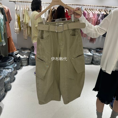 口袋休闲宽松腰带工装裤七分裤