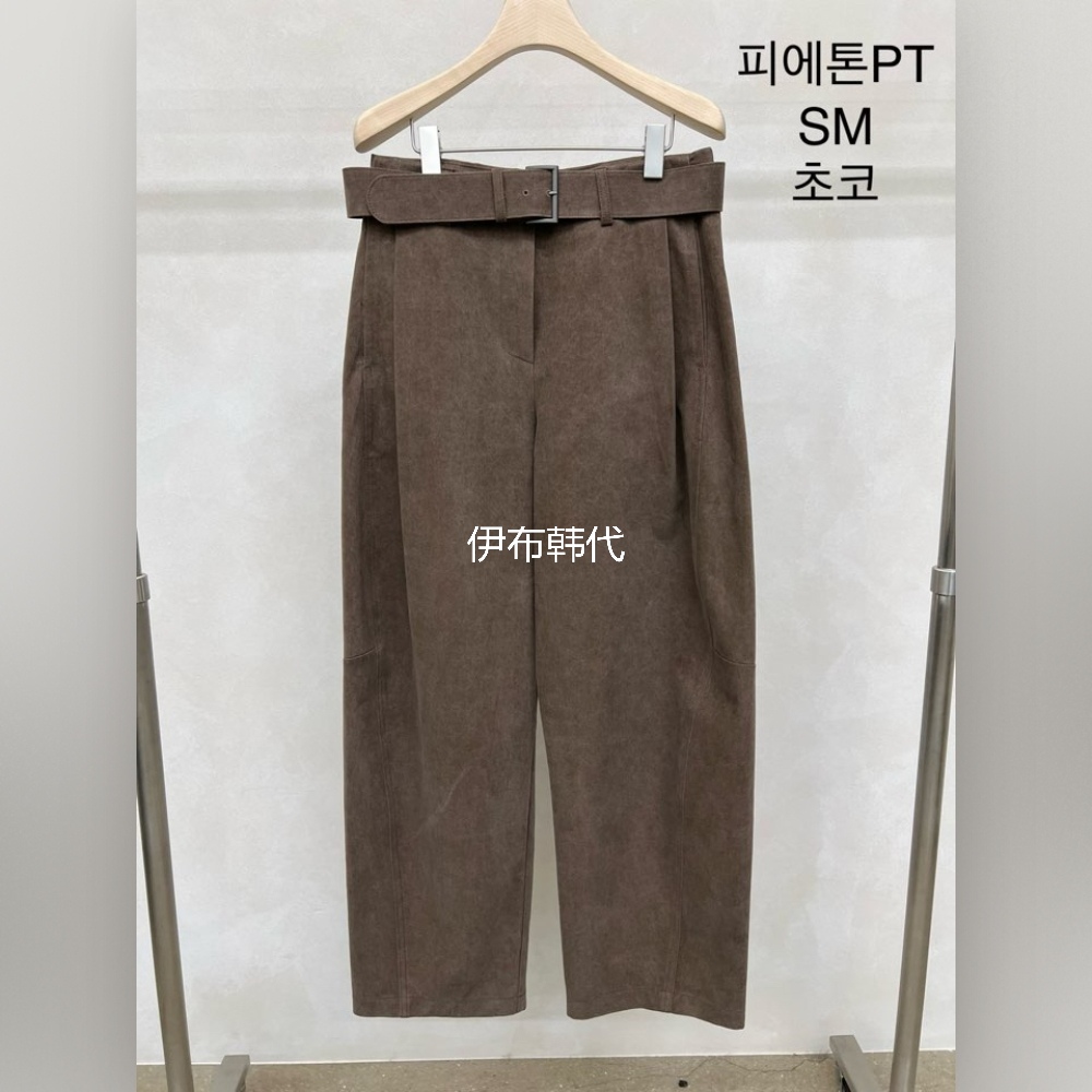 纯色气质腰带毛呢长裤西裤女