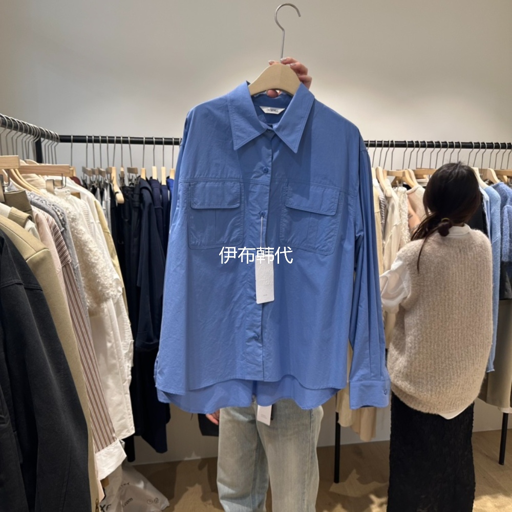 翻领纯色休闲口袋宽松气质衬衫