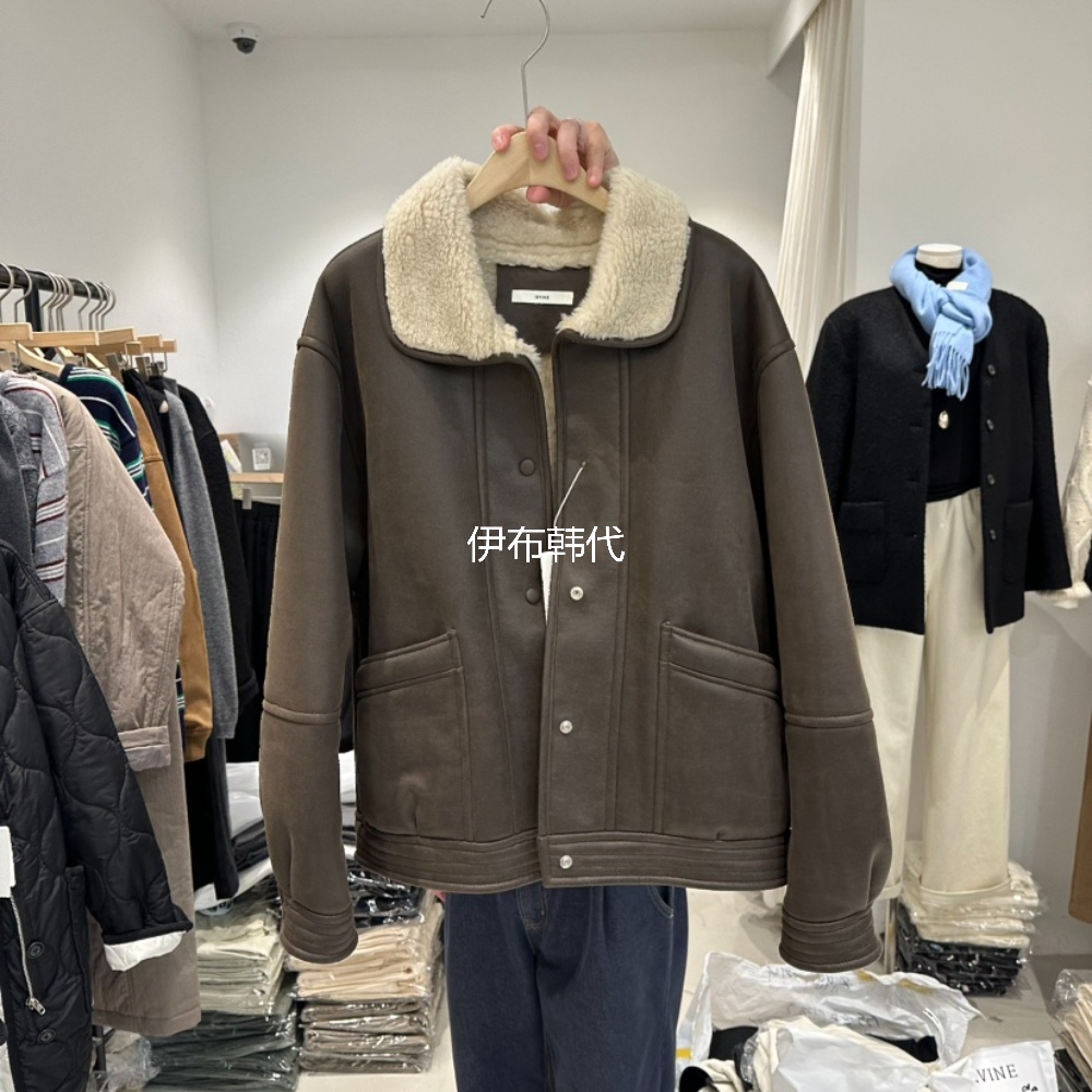 IRVINE韩国东大门正品代购冬款 翻领仿羊羔毛领皮毛一体外套夹克