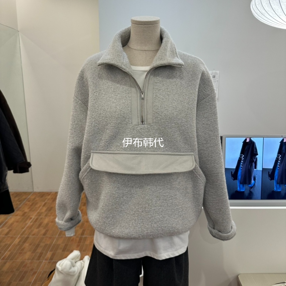 翻领休闲拉链大口袋毛呢卫衣外套