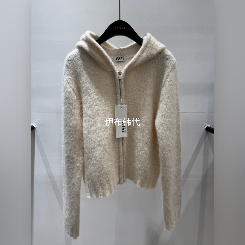 ANOVE韩国东大门正品代购25秋款 纯色连帽拉链羊毛针织开衫外套