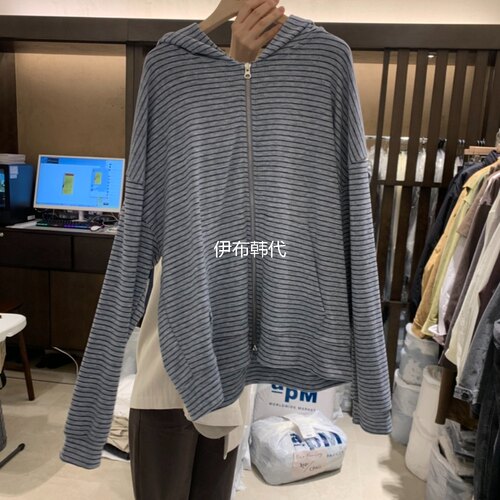 连帽细条纹拉链宽松卫衣外套