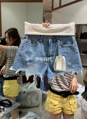 TEMPTING韩国东大门正品代购26夏款 磨破做旧磨破毛边牛仔裤短裤