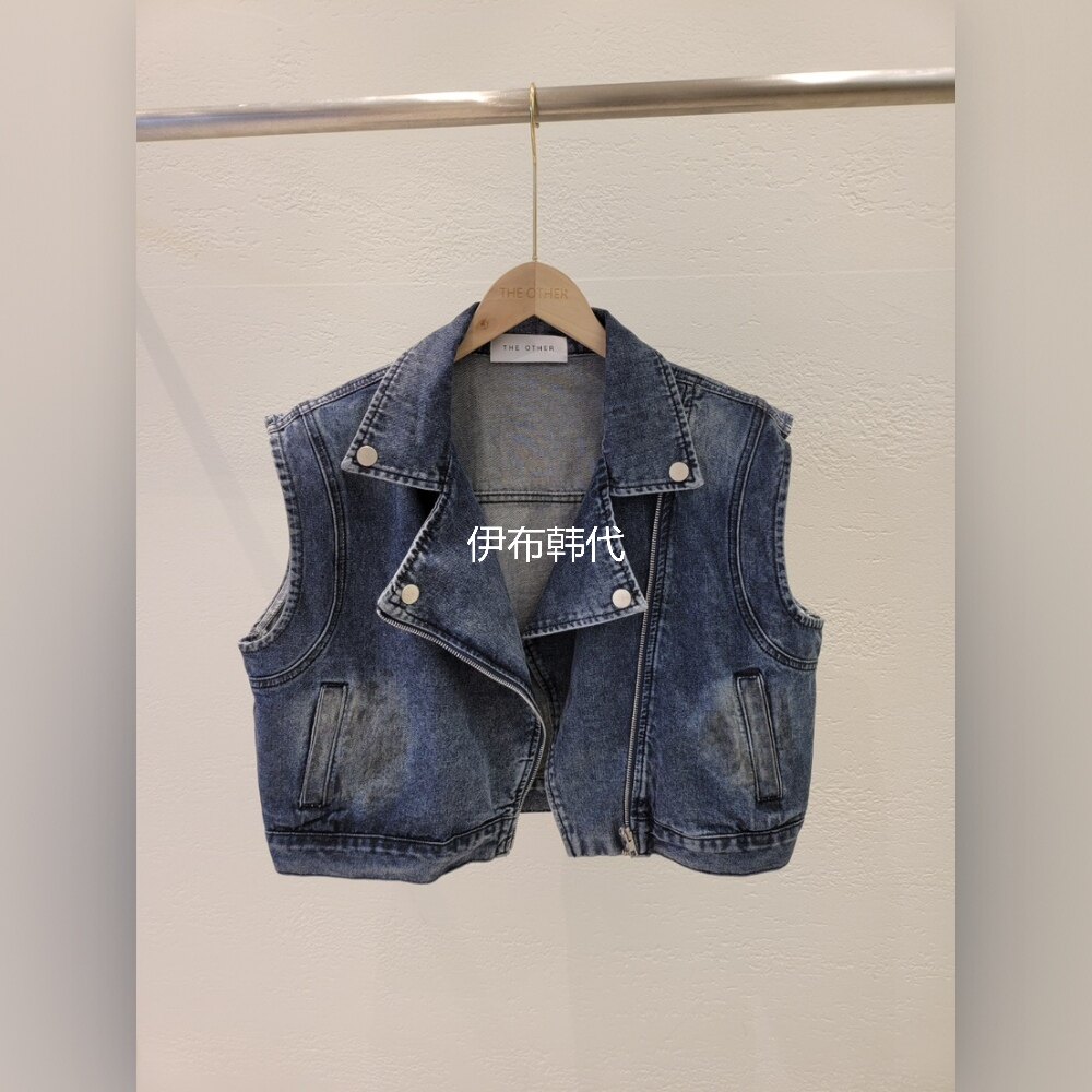 THE OTHER韩国东大门代购春 翻领西服领磨白休闲机车短款牛仔马夹