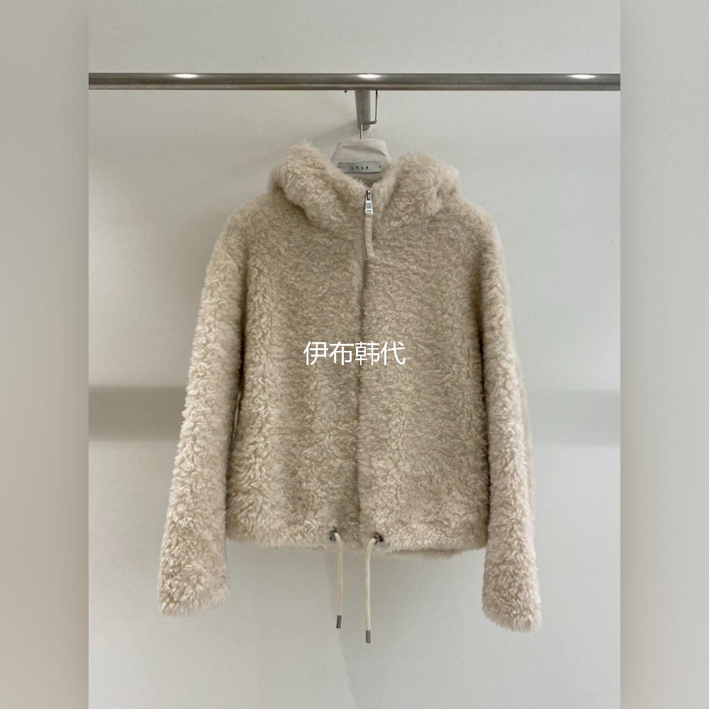 1968韩国东大门正代购25冬 连帽抽绳仿羊羔毛绒抽绳拉链保暖外套