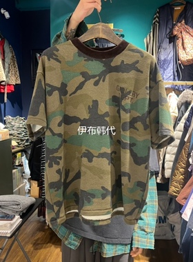 MERCI LINDA韩国东大门正品代购冬款 圆领做旧迷彩花纹短袖T恤