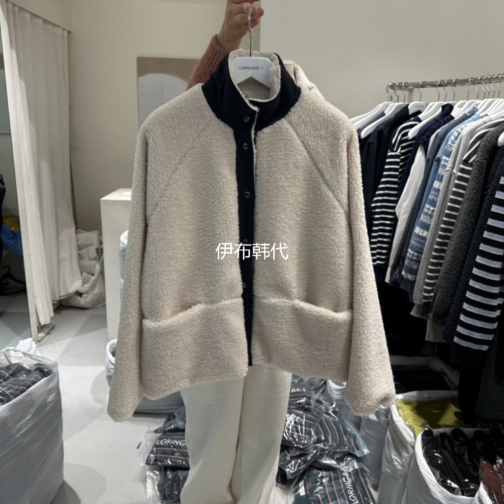 立领仿羊羔毛绒拼接短外套