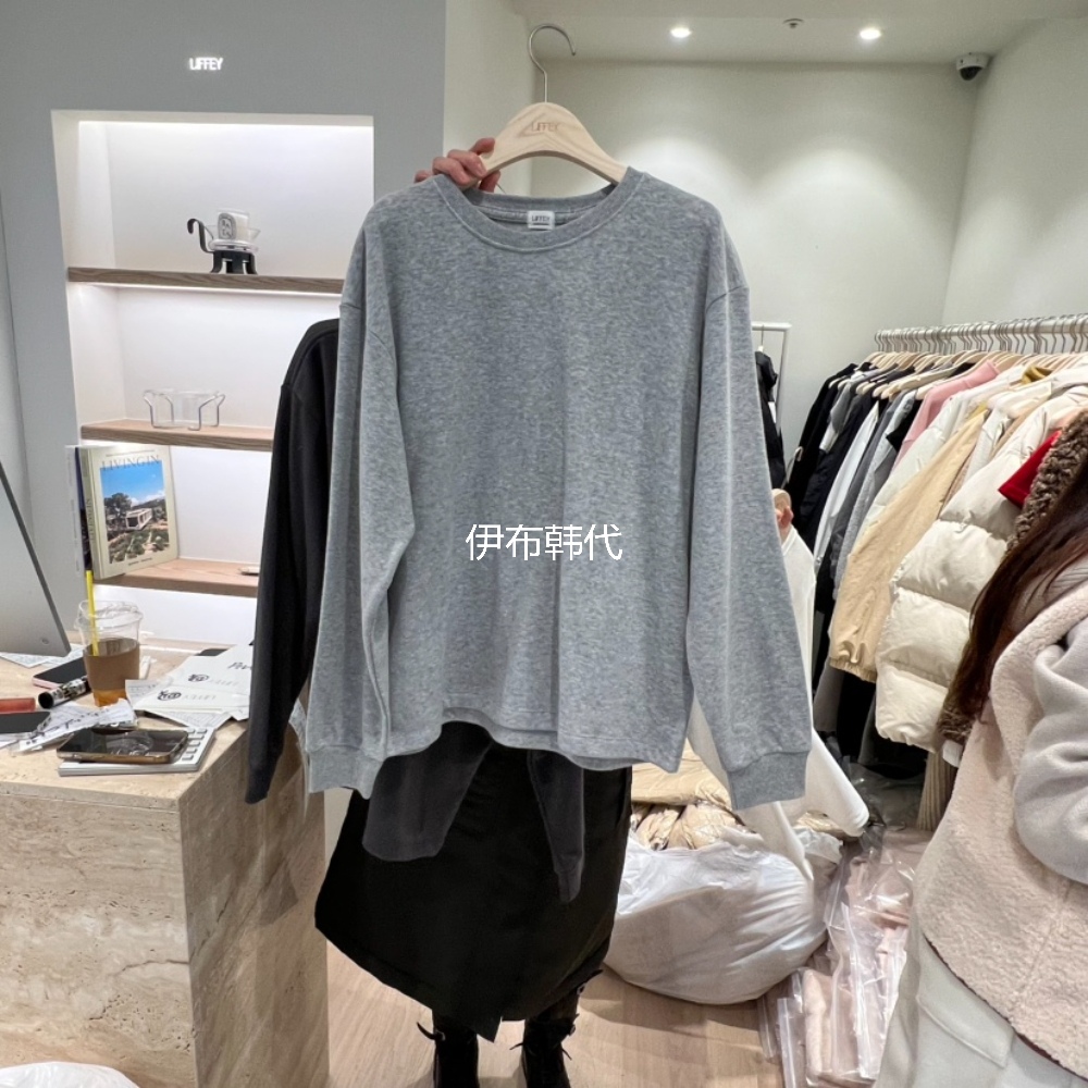 圆领休闲纯色宽松加绒卫衣女