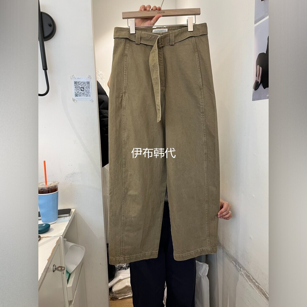 OUVIR韩国东大门正品代购26春款 纯色休闲水洗腰带直筒裤长裤