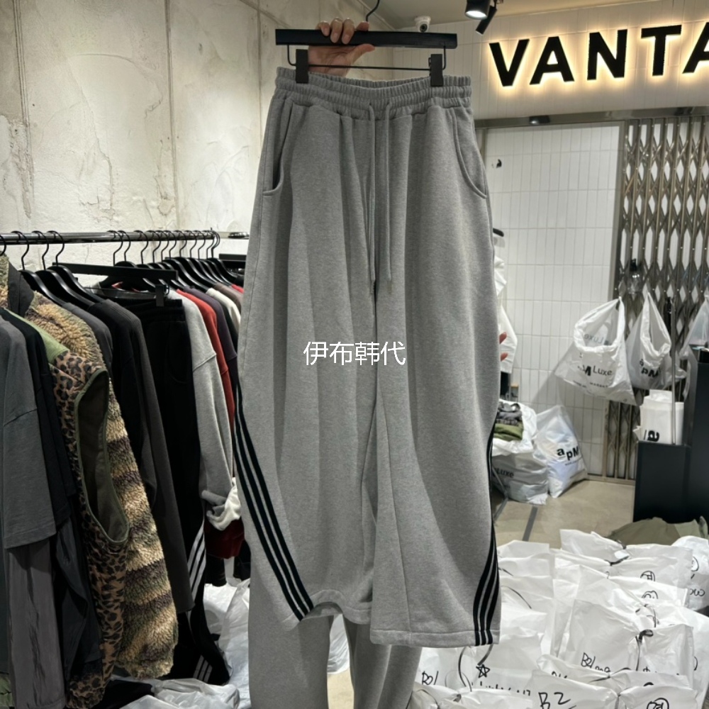 松紧腰条纹边不规则加绒宽松卫裤