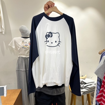 春款圆领卡通小猫插肩长袖T恤女