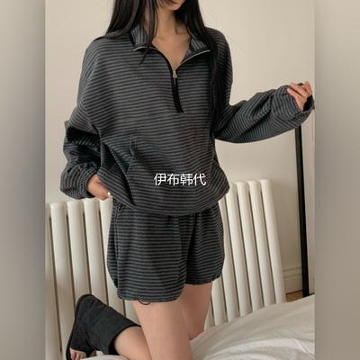 翻领休闲条纹抽绳拉链套头卫衣