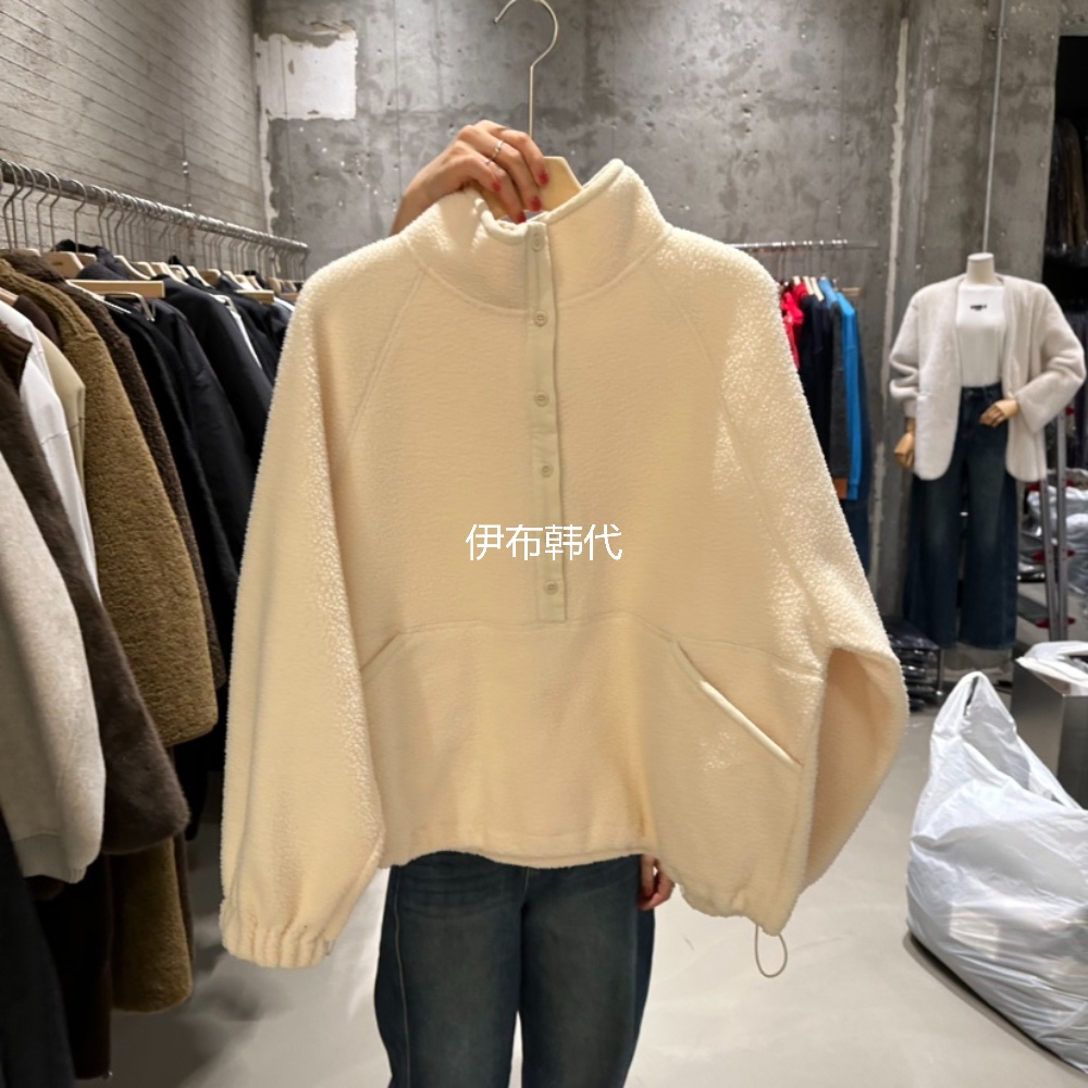 纽扣宽松抽绳摇粒绒套头卫衣外套