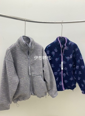 SEOLO韩国东大门正品代购冬 立领拉链碎花条纹仿羊羔毛绒拉链外套