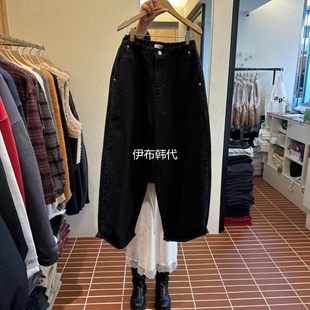 L韩国东大门正品 长裤 代购 松紧腰黑色休闲加绒牛仔裤 25冬款 CHOI