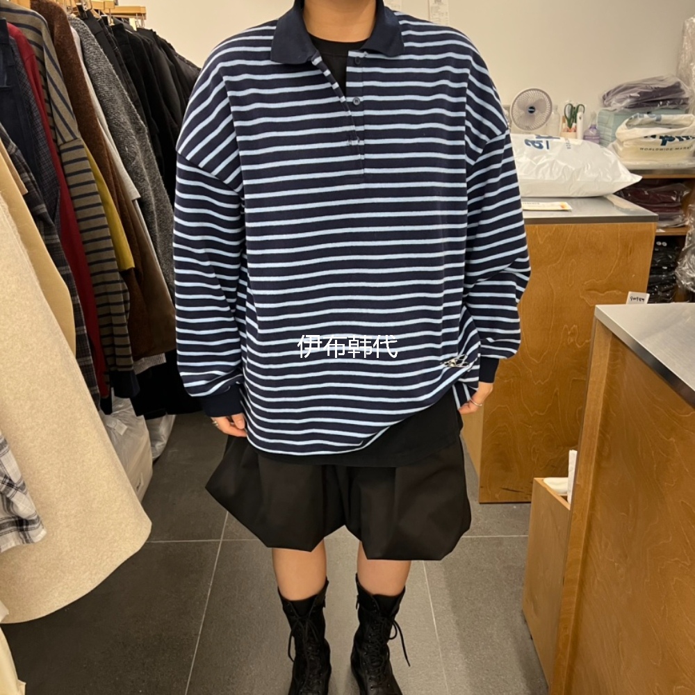 翻领纽扣休闲条纹宽松长袖T恤