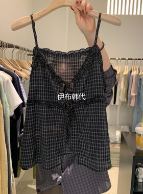 V领木耳边格子绑带吊带背心女