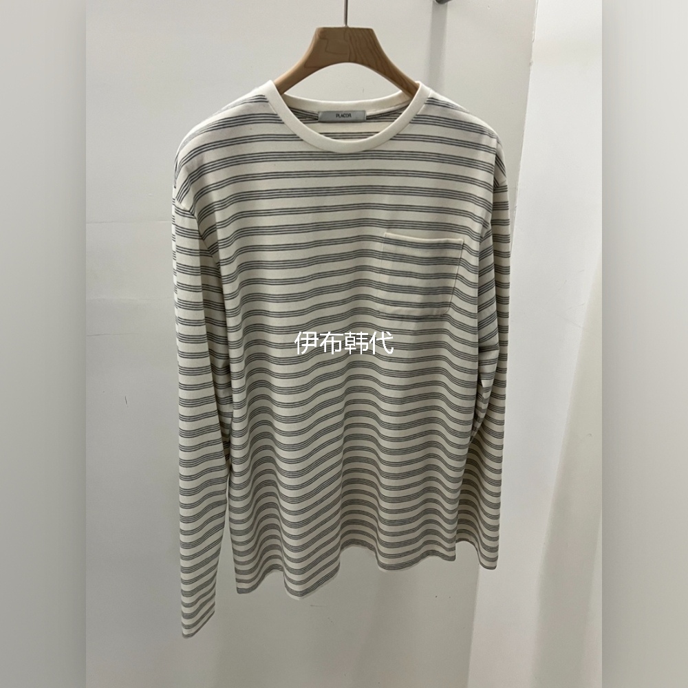圆领休闲条纹扣宽松长袖T恤女