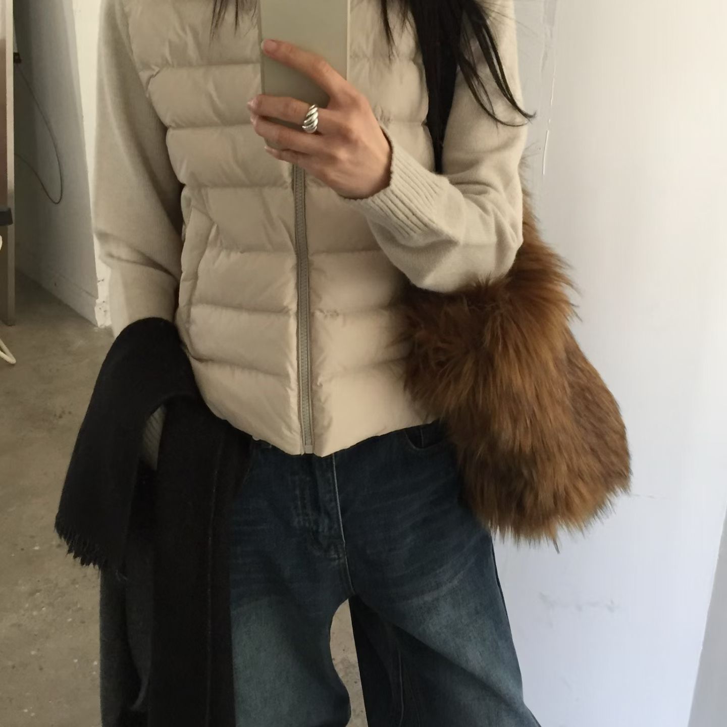 FORTH韩国东大门正品代购25冬款 立领拉链针织拼接排骨羽绒服外套